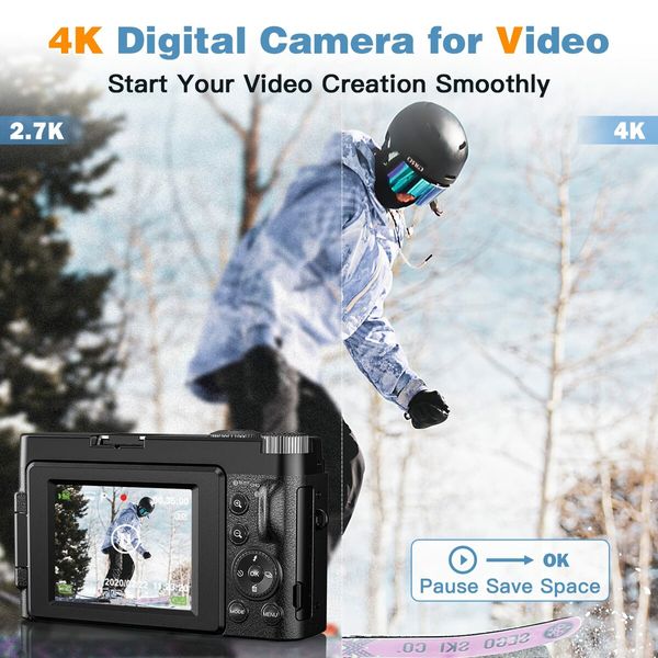 4K Digital Camera for Photography and Video Autofocus Anti-Shake,48MP Vlogging Camera with SD Card,3" Flip Screen Compact Camera with Flash,16X Digital Zoom Travel Camera (2 Batteries)