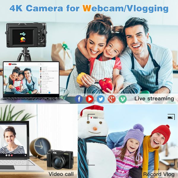 4K Digital Camera for Photography and Video Autofocus Anti-Shake,48MP Vlogging Camera with SD Card,3" Flip Screen Compact Camera with Flash,16X Digital Zoom Travel Camera (2 Batteries)