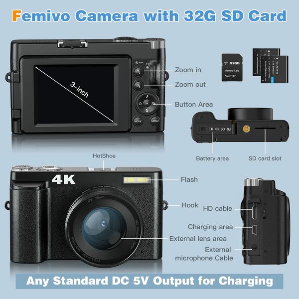 4K Digital Camera for Photography and Video Autofocus Anti-Shake,48MP Vlogging Camera with SD Card,3" Flip Screen Compact Camera with Flash,16X Digital Zoom Travel Camera (2 Batteries)