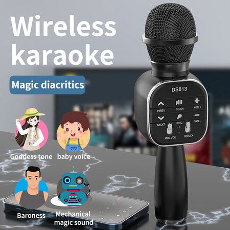 DS813 Wireless Bluetooth Karaoke Microphone Handheld Microphone Professional Speaker Music Player Gaming Mic for Home KTV Black