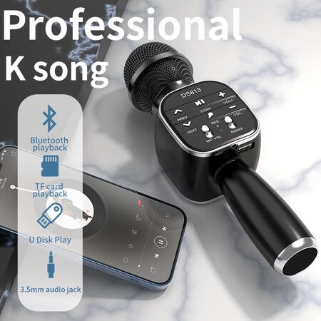 DS813 Wireless Bluetooth Karaoke Microphone Handheld Microphone Professional Speaker Music Player Gaming Mic for Home KTV Black