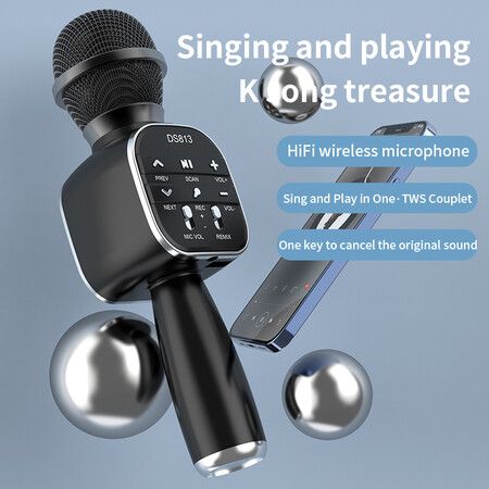 DS813 Wireless Bluetooth Karaoke Microphone Handheld Microphone Professional Speaker Music Player Gaming Mic for Home KTV Black