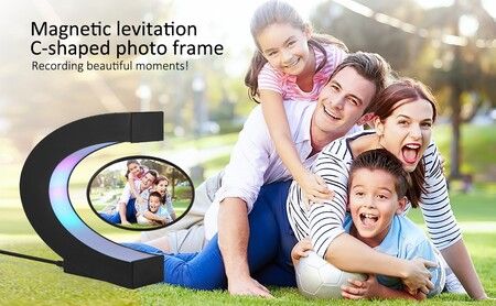 Magnetic Levitating Floating Photo Frame with Colourful LED Light Rotating Levitation Picture Frame Display for Room Decor, Creative Gifts Black