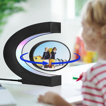 Magnetic Levitating Floating Photo Frame with Colourful LED Light Rotating Levitation Picture Frame Display for Room Decor, Creative Gifts Black