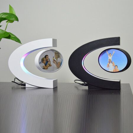 Magnetic Levitating Floating Photo Frame with Colourful LED Light Rotating Levitation Picture Frame Display for Room Decor, Creative Gifts Black