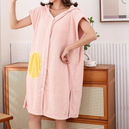 1pc Women Hooded Bathrobe, Hooded Poncho Towel, Bath Wrap Towels No Sleeve With Hat For Women, Absorbent Shower Spa Wrap, Bath Skirt Color Pink