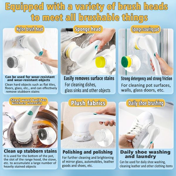 5-in-1 Handheld Electric Cleaning Brush Suitable For Kitchen, Bathroom Tub, Shower Tile, Carpet Bidet, Cordless Spin Scrubber