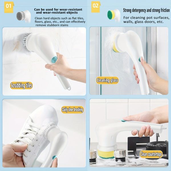 5-in-1 Handheld Electric Cleaning Brush Suitable For Kitchen, Bathroom Tub, Shower Tile, Carpet Bidet, Cordless Spin Scrubber