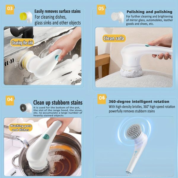 5-in-1 Handheld Electric Cleaning Brush Suitable For Kitchen, Bathroom Tub, Shower Tile, Carpet Bidet, Cordless Spin Scrubber