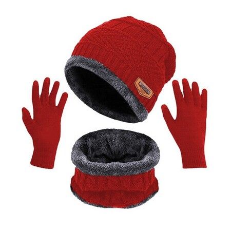 Pack Of 3 Winter Knitted Beanies, Hats, Collars, Warm Gloves, Fleece Lining, Infinity Scarf, Men's And Women's  Gloves Color Red