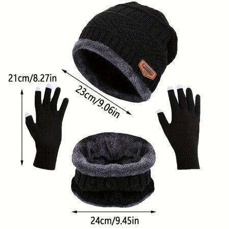 Pack Of 3 Winter Knitted Beanies, Hats, Collars, Warm Gloves, Fleece Lining, Infinity Scarf, Men's And Women's  Gloves Color Red