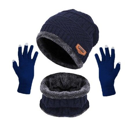 Pack Of 3 Winter Knitted Beanies, Hats, Collars, Warm Gloves, Fleece Lining, Infinity Scarf, Men's And Women's  Gloves Color Navy Blue