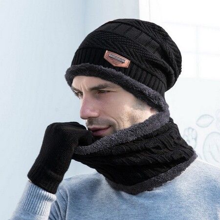 Pack Of 3 Winter Knitted Beanies, Hats, Collars, Warm Gloves, Fleece Lining, Infinity Scarf, Men's And Women's  Gloves Color Grey