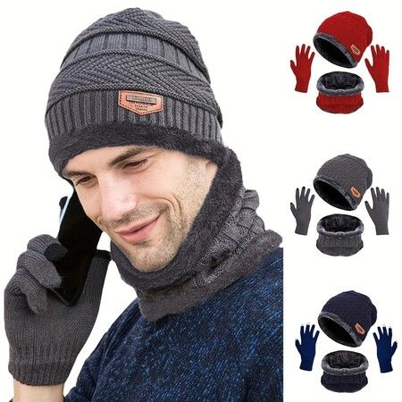 Pack Of 3 Winter Knitted Beanies, Hats, Collars, Warm Gloves, Fleece Lining, Infinity Scarf, Men's And Women's  Gloves Color Grey