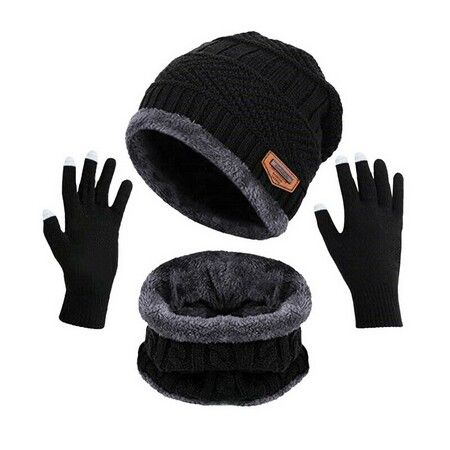 Pack Of 3 Winter Knitted Beanies, Hats, Collars, Warm Gloves, Fleece Lining, Infinity Scarf, Men's And Women's  Gloves Color Black