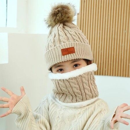 3Pcs Winter Hat Scarf Gloves Set Kids Winter Knit Beanies Neck Warmer Hat Mitten Set for Boys Girls Gift Color White