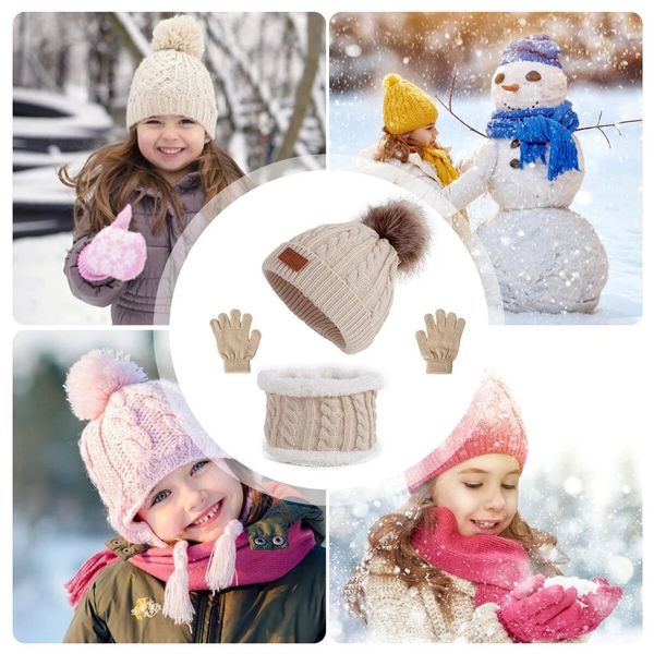 3Pcs Winter Hat Scarf Gloves Set Kids Winter Knit Beanies Neck Warmer Hat Mitten Set for Boys Girls Gift Color White