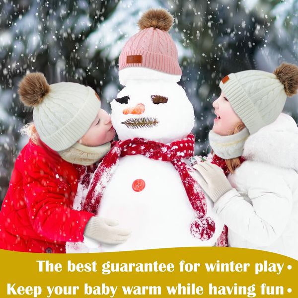 3Pcs Winter Hat Scarf Gloves Set Kids Winter Knit Beanies Neck Warmer Hat Mitten Set for Boys Girls Gift Color White