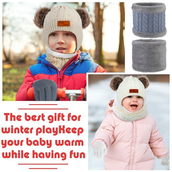 3Pcs Winter Hat Scarf Gloves Set Kids Winter Knit Beanies Neck Warmer Hat Mitten Set for Boys Girls Gift Color White