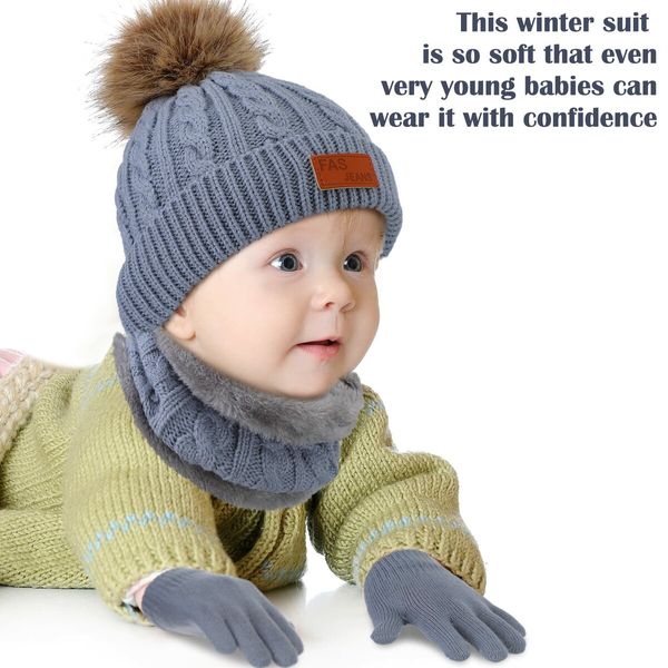 3Pcs Winter Hat Scarf Gloves Set Kids Winter Knit Beanies Neck Warmer Hat Mitten Set for Boys Girls Gift Color Grey