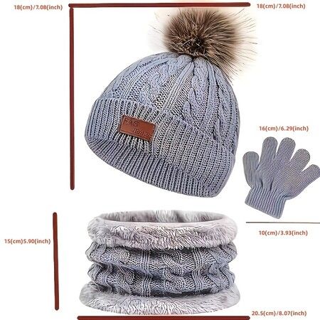 3Pcs Winter Hat Scarf Gloves Set Kids Winter Knit Beanies Neck Warmer Hat Mitten Set for Boys Girls Gift Color Grey