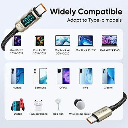 USB C Cable Type C Charger Fast Charging Cable with LED Display C Type Fast Charging 4ft Cable Nylon Braided USB-C Cord for Samsung iPad Pro MacBook