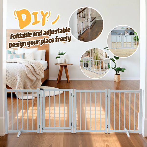 Pet Fence Dog Gate Puppy Safety Guard Indoor Wooden Playpen Foldable Freestanding Barrier Protection Net Stair Partition Grey 4Panels