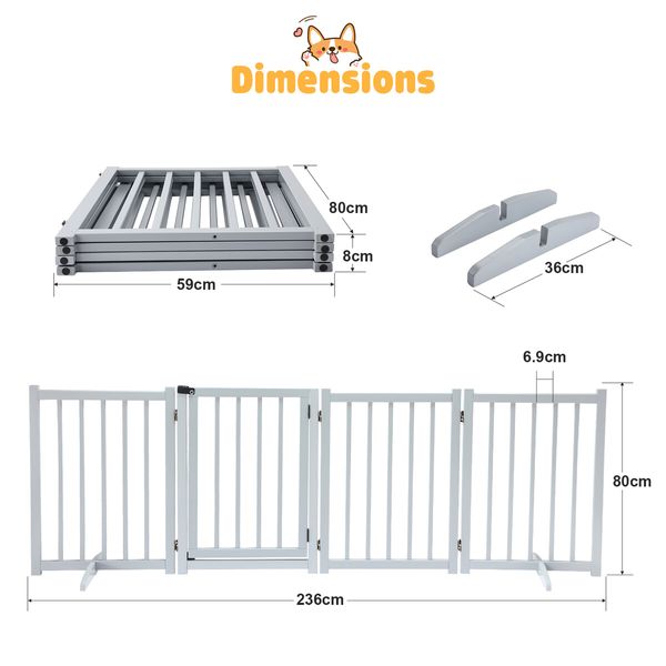 Pet Fence Dog Gate Puppy Safety Guard Indoor Wooden Playpen Foldable Freestanding Barrier Protection Net Stair Partition Grey 4Panels