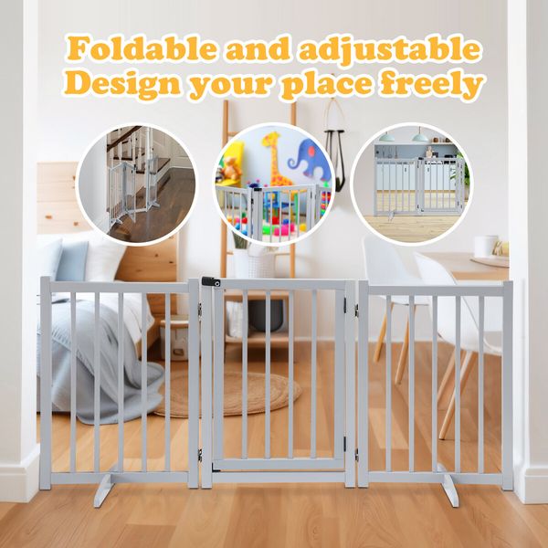 Puppy Gate Dog Fence Pet Safety Guard Indoor Wooden Playpen Foldable Freestanding Barrier Protection Net Stair Partition Grey 3Panels