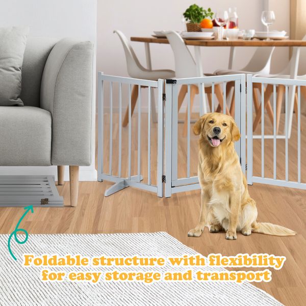 Puppy Gate Dog Fence Pet Safety Guard Indoor Wooden Playpen Foldable Freestanding Barrier Protection Net Stair Partition Grey 3Panels