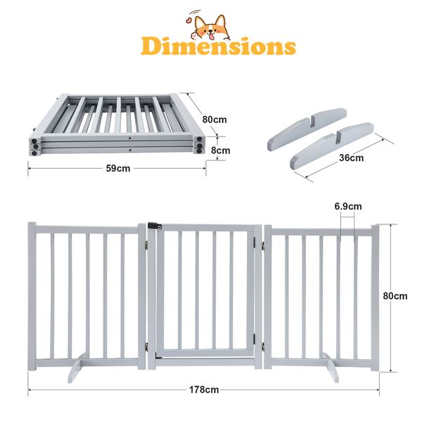 Puppy Gate Dog Fence Pet Safety Guard Indoor Wooden Playpen Foldable Freestanding Barrier Protection Net Stair Partition Grey 3Panels