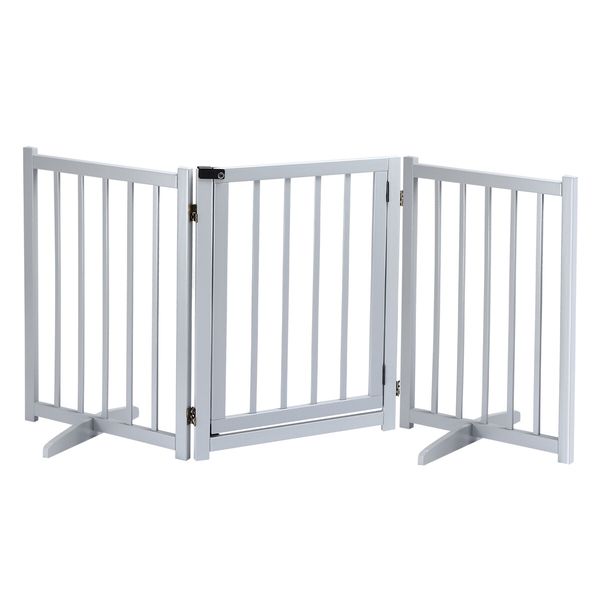 Puppy Gate Dog Fence Pet Safety Guard Indoor Wooden Playpen Foldable Freestanding Barrier Protection Net Stair Partition Grey 3Panels