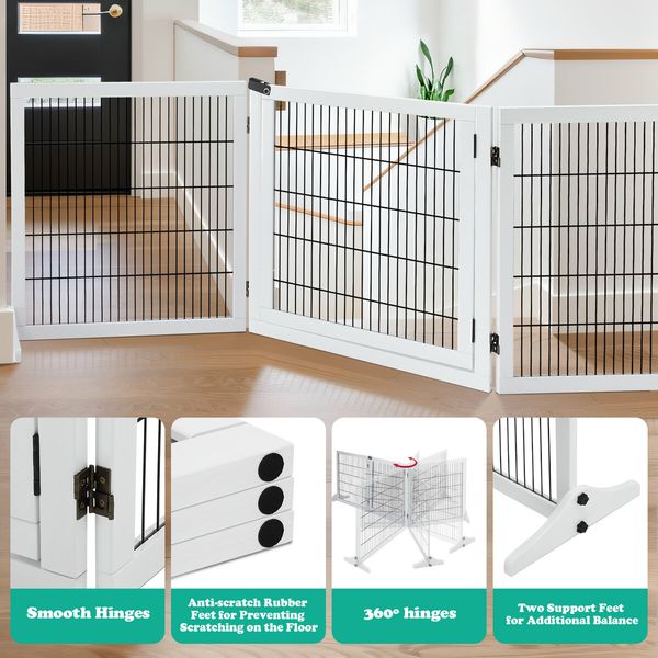 Dog Pet Fence Puppy Gate Safety Guard Indoor Wooden Playpen Foldable Cat Barrier Protection Net Stair Partition White 3Panels