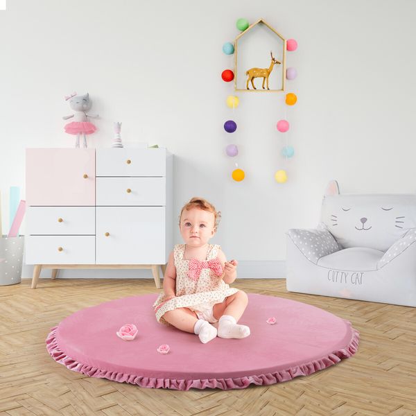 Baby Play Mat Padding Rug Memory Foam Washable Round Foldable Thick Carpet For Kids Bedroom Floor Activity Centre Pink