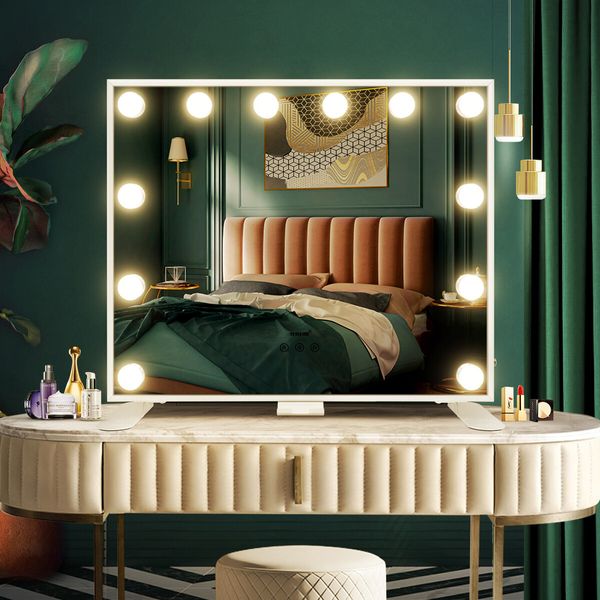 Maxkon Hollywood Makeup Mirror Vanity 12 LED Lighted Desk Wall Mounted Dimmable Lights Dressing Table Touch USB Phone Holder Aluminium