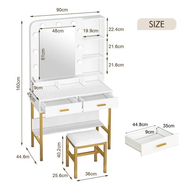 Maxkon Dressing Table Set Lighting Vanity Mirror Dresser Makeup Desk Bedroom Furniture With 9 Bulbs Cushioned Stool Storage