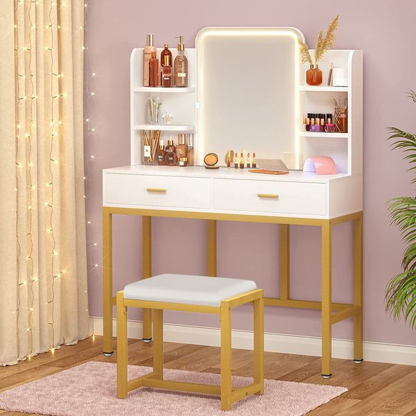 Maxkon Dressing Table Set Lighting Vanity Makeup Desk LED Lighted Mirror Bedroom Furniture With 2 Drawers 3 Adjustable Lights Cushioned Stool