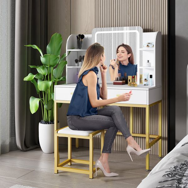 Maxkon Dressing Table Set Lighting Vanity Makeup Desk LED Lighted Mirror Bedroom Furniture With 2 Drawers 3 Adjustable Lights Cushioned Stool