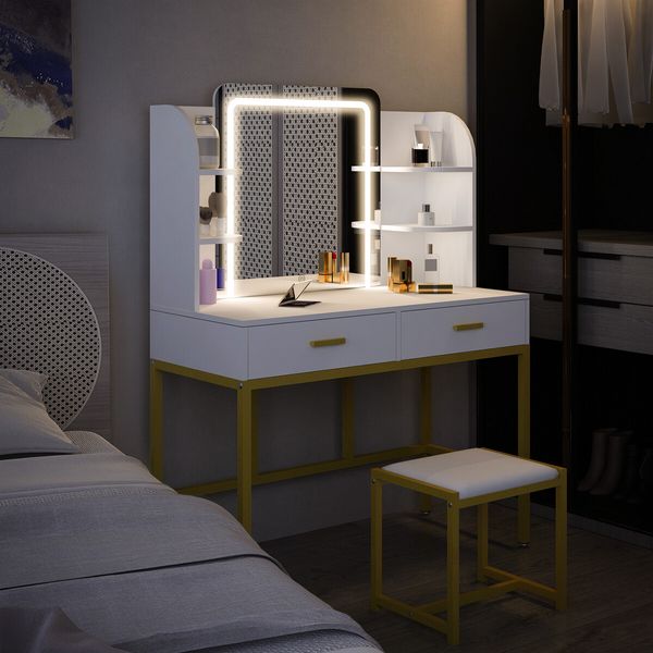 Maxkon Dressing Table Set Lighting Vanity Makeup Desk LED Lighted Mirror Bedroom Furniture With 2 Drawers 3 Adjustable Lights Cushioned Stool