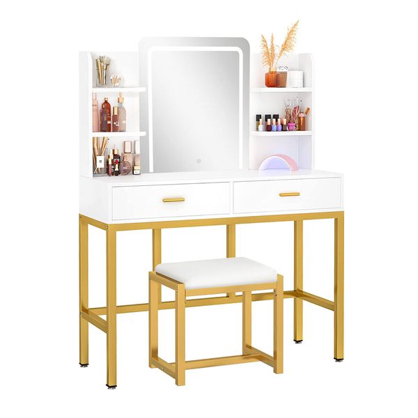 Maxkon Dressing Table Set Lighting Vanity Makeup Desk LED Lighted Mirror Bedroom Furniture With 2 Drawers 3 Adjustable Lights Cushioned Stool