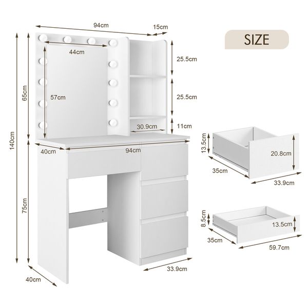 Maxkon Dressing Table Lighting Vanity Mirror Dresser Bedroom Furniture Makeup Desk With 12 LED White Light 4 Drawers Modern