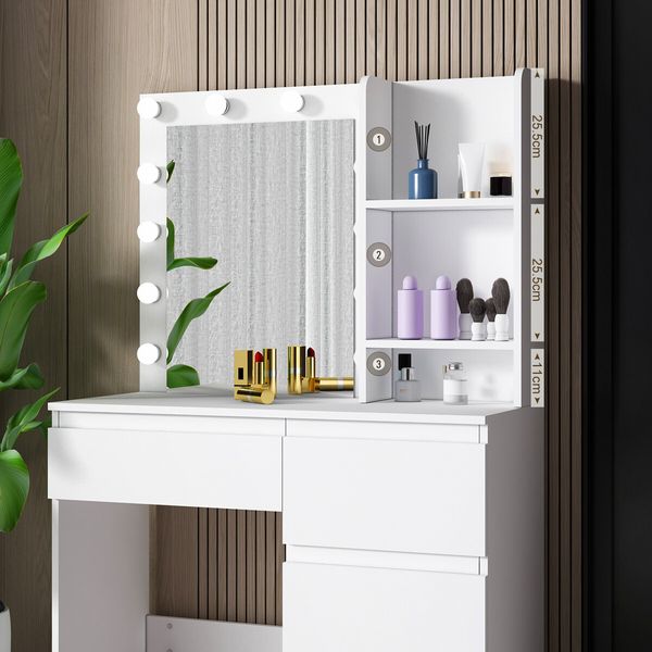 Maxkon Dressing Table Lighting Vanity Mirror Dresser Bedroom Furniture Makeup Desk With 12 LED White Light 4 Drawers Modern