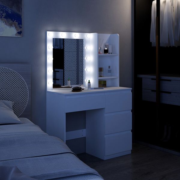 Maxkon Dressing Table Lighting Vanity Mirror Dresser Bedroom Furniture Makeup Desk With 12 LED White Light 4 Drawers Modern