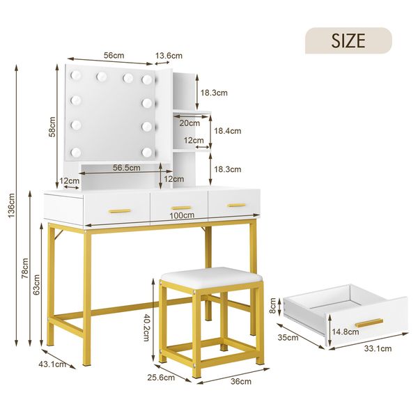 Maxkon Dressing Table Set Lighting Vanity Led Mirror Dresser Bedroom Furniture Makeup Desk With 10 Bulbs White Light 3 Drawers Cushion Stool