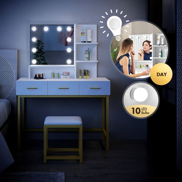 Maxkon Dressing Table Set Lighting Vanity Led Mirror Dresser Bedroom Furniture Makeup Desk With 10 Bulbs White Light 3 Drawers Cushion Stool