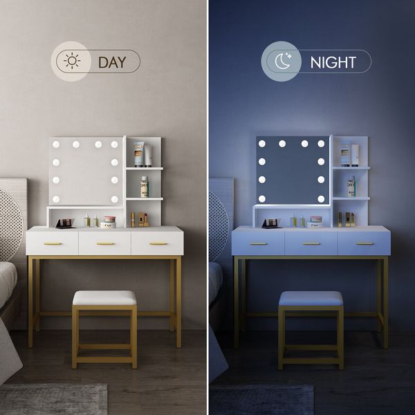 Maxkon Dressing Table Set Lighting Vanity Led Mirror Dresser Bedroom Furniture Makeup Desk With 10 Bulbs White Light 3 Drawers Cushion Stool