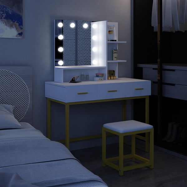 Maxkon Dressing Table Set Lighting Vanity Led Mirror Dresser Bedroom Furniture Makeup Desk With 10 Bulbs White Light 3 Drawers Cushion Stool