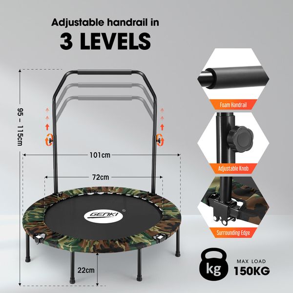 Genki Mini Trampoline for Adults Kids 40inch Exercise Fitness Indoor Rebounder Home Gym Workout Equipment Foldable Adjustable Handrail