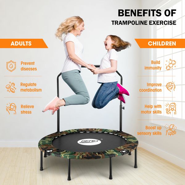 Genki Mini Trampoline for Adults Kids 40inch Exercise Fitness Indoor Rebounder Home Gym Workout Equipment Foldable Adjustable Handrail