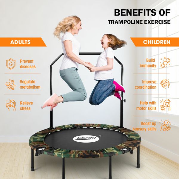 48 Inch Trampoline Mini Fitness Rebounder for Adults Kids Home Gym Workout Indoor Exercise Foldable Adjustable Handrail Genki